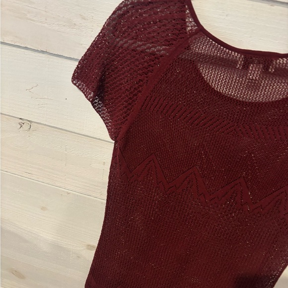 LOFT Burgundy Crochet Knit Short Sleeve Top - Picture 6 of 13